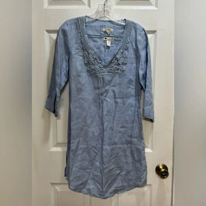 MALVIN I Love Linen Crochet Trim Tunic Mini Dress Top 3/4 Sleeve Coastal Sm 6